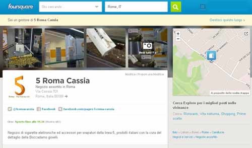 Account Foursquare creato per il negozio 5 Roma Cassia - SocialWebMax