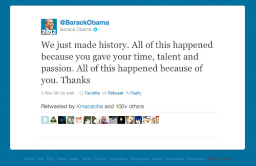 Il celebre tweet con cui Barack Obama annunciò la vittoria e ringraziò i followers.