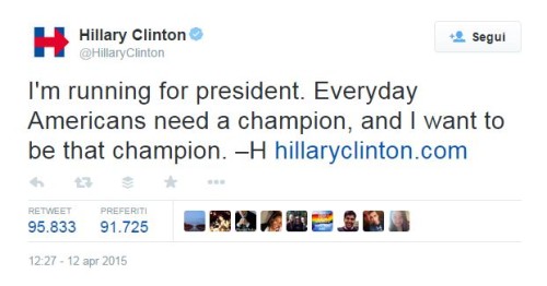 hillary clinton annuncia su Twitter la sua candidatura a presidente usa